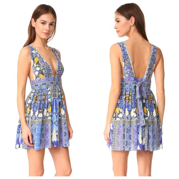 Camilla Dresses & Skirts - Camilla 100% Silk Mosaic Print Mini Dress Blue Yellow Boho V-Neck – Size 10